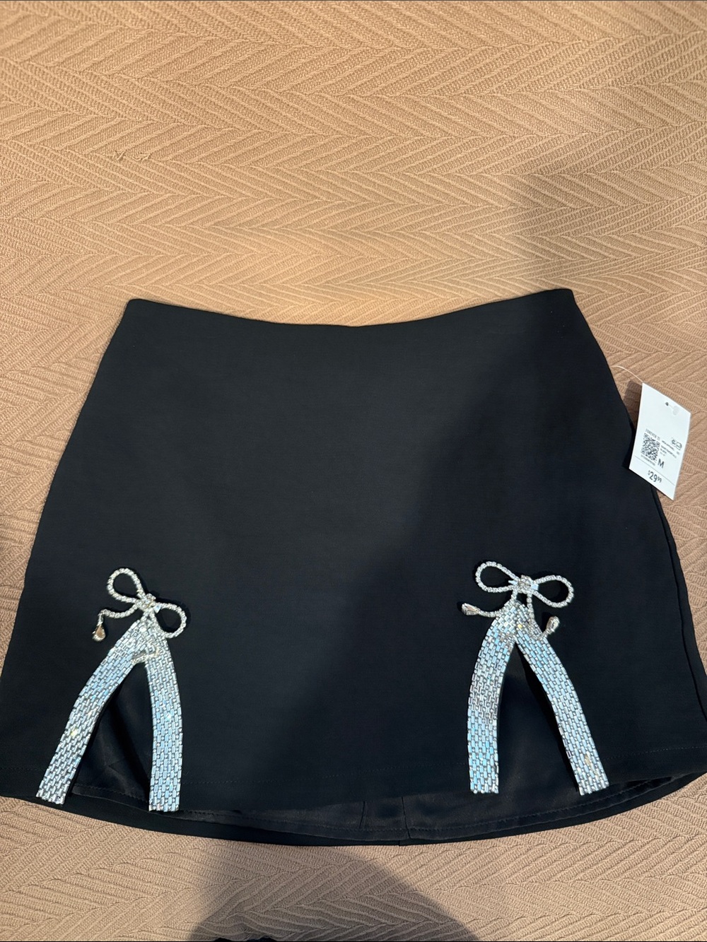 NWT Forever 21 Black Mini Skirt with Crystal Bow Accents Med